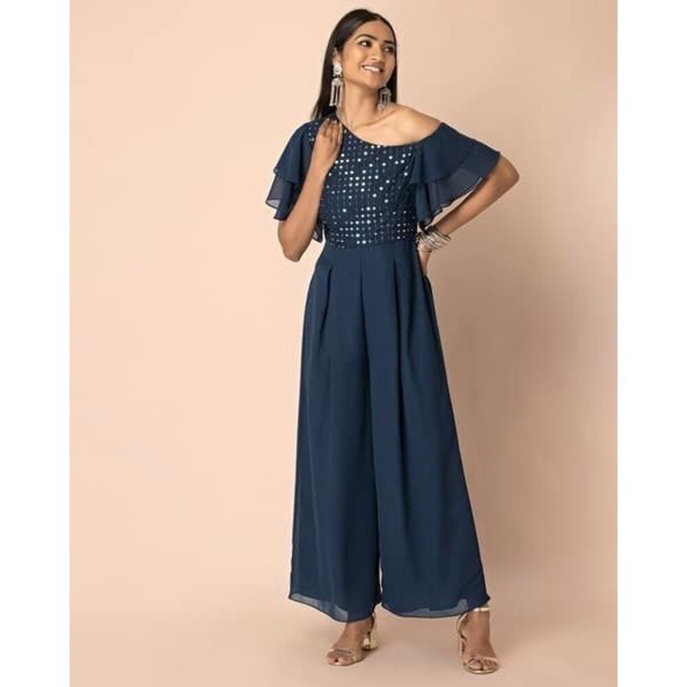 Indya Womens XS Blue One Shoulder Sequin Chiffon Wide-Leg Jumpsuit Flutter